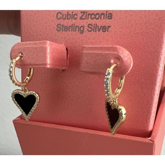 RACHEL ZOE STERLING SILVER GOLD TONE ONYX & CZ HEART HUGGIE EARRINGS~NIB! - Picture 5 of 11